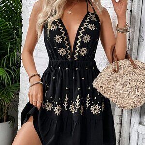 Black Preppy Womens Women's Deep V-Neck Dress With Floral Embroidery